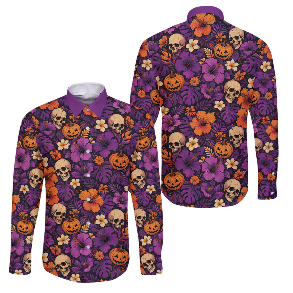 Hawaii Halloween Family Matching Mermaid Dress and Hawaiian Shirt Skeleton Pumpkin Hawaiian Flower Tribal DT05 Dad's Shirt - Long Sleeve Purple - Polynesian Pride