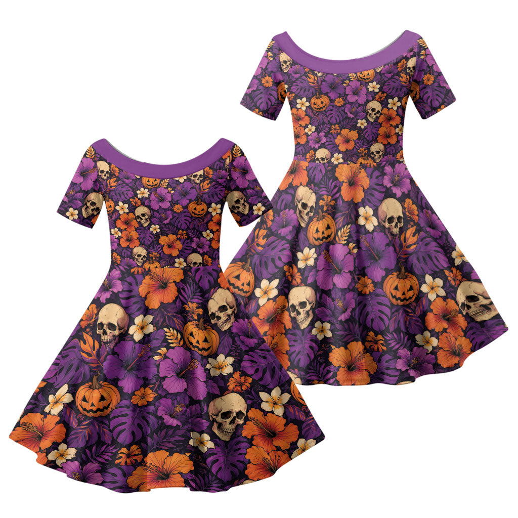 Hawaii Halloween Family Matching Mermaid Dress and Hawaiian Shirt Skeleton Pumpkin Hawaiian Flower Tribal DT05 Daughter's Dress Purple - Polynesian Pride