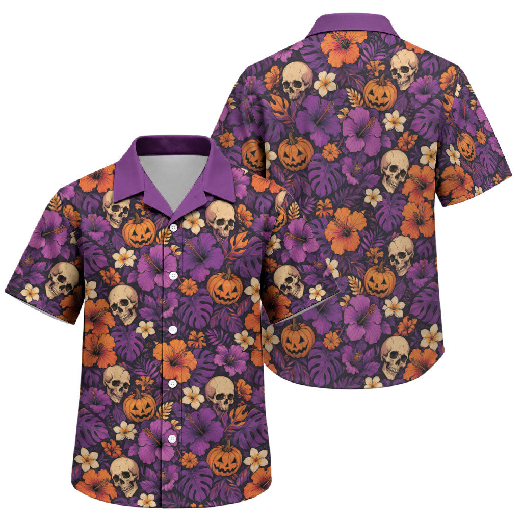Hawaii Halloween Family Matching Mermaid Dress and Hawaiian Shirt Skeleton Pumpkin Hawaiian Flower Tribal DT05 Son's Shirt Purple - Polynesian Pride