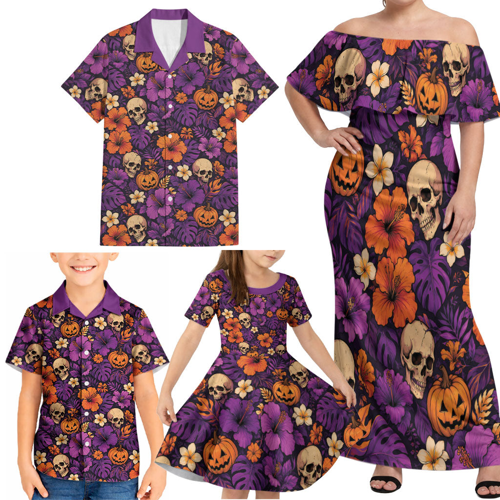 Hawaii Halloween Family Matching Off Shoulder Maxi Dress and Hawaiian Shirt Skeleton Pumpkin Hawaiian Flower Tribal DT05 - Polynesian Pride