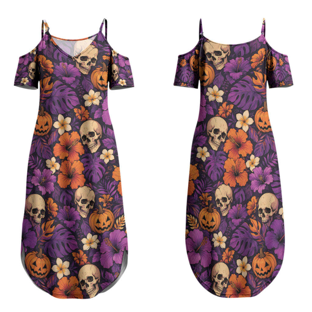 Hawaii Halloween Family Matching Summer Maxi Dress and Hawaiian Shirt Skeleton Pumpkin Hawaiian Flower Tribal DT05 Mom's Dress Purple - Polynesian Pride