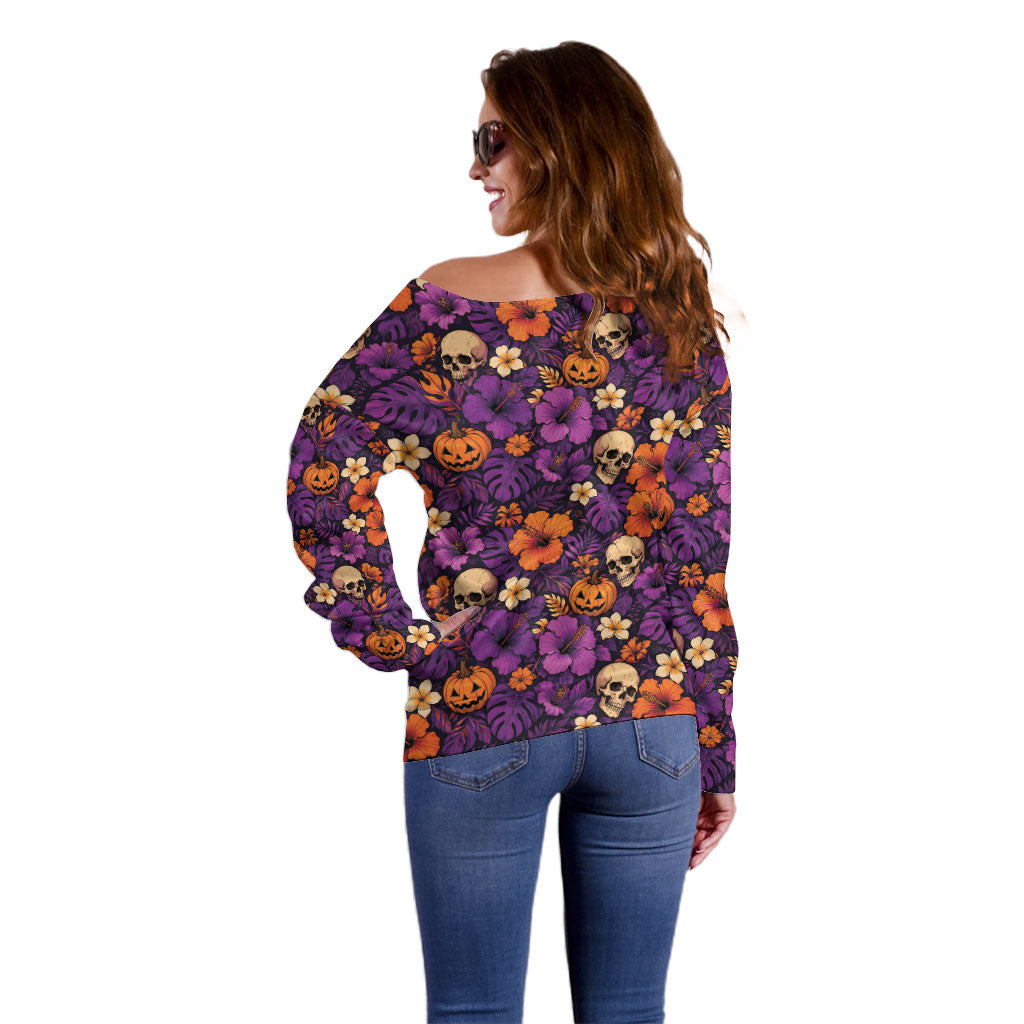 Hawaii Halloween Off Shoulder Sweater Skeleton Pumpkin Hawaiian Flower Tribal DT05 - Polynesian Pride