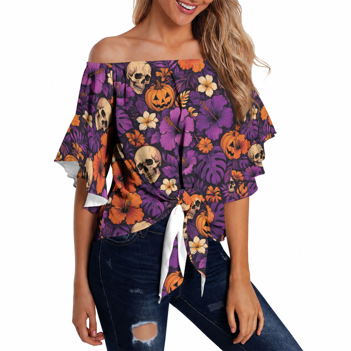 Hawaii Halloween Off Shoulder Wrap Waist Top Skeleton Pumpkin Hawaiian Flower Tribal