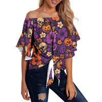 Hawaii Halloween Off Shoulder Wrap Waist Top Skeleton Pumpkin Hawaiian Flower Tribal