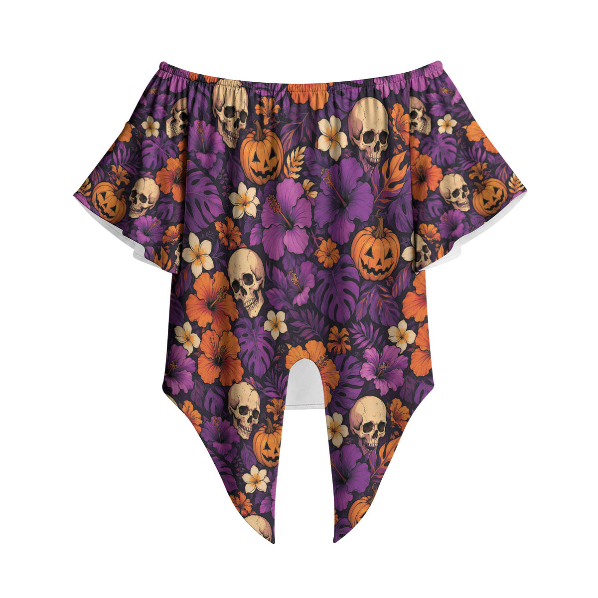 Hawaii Halloween Off Shoulder Wrap Waist Top Skeleton Pumpkin Hawaiian Flower Tribal