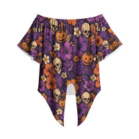 Hawaii Halloween Off Shoulder Wrap Waist Top Skeleton Pumpkin Hawaiian Flower Tribal