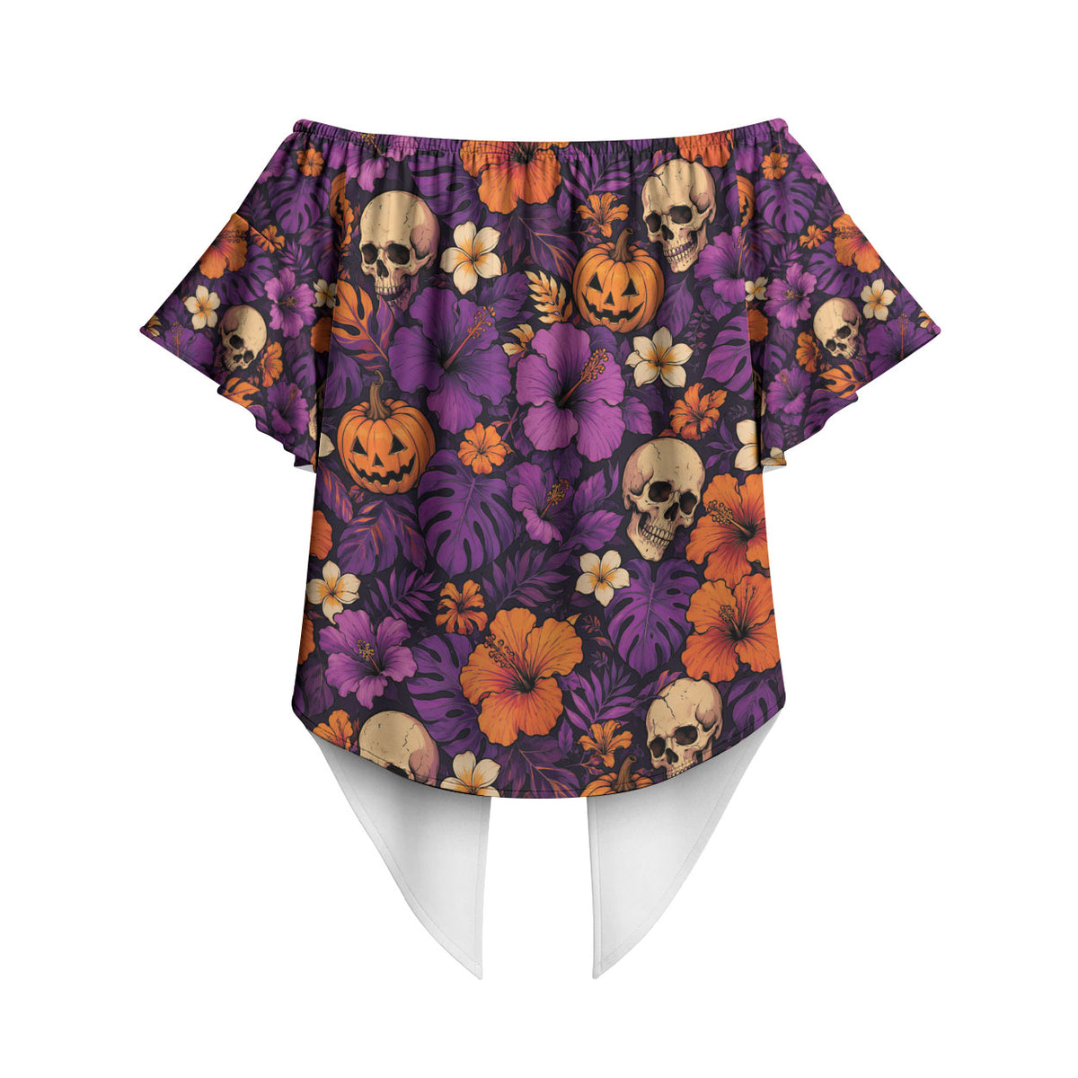 Hawaii Halloween Off Shoulder Wrap Waist Top Skeleton Pumpkin Hawaiian Flower Tribal