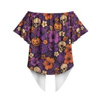 Hawaii Halloween Off Shoulder Wrap Waist Top Skeleton Pumpkin Hawaiian Flower Tribal