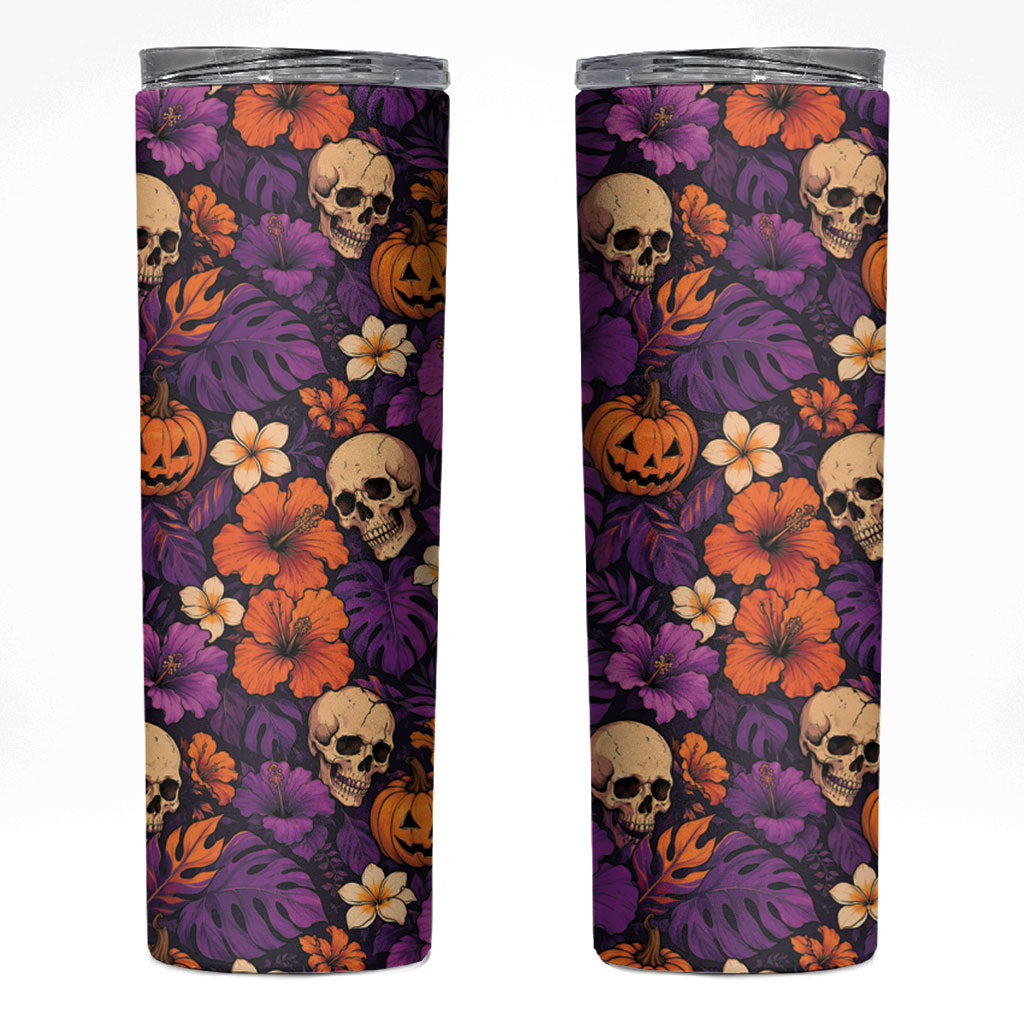 Hawaii Halloween Skinny Tumbler Skeleton Pumpkin Hawaiian Flower Tribal DT05 Purple - Polynesian Pride