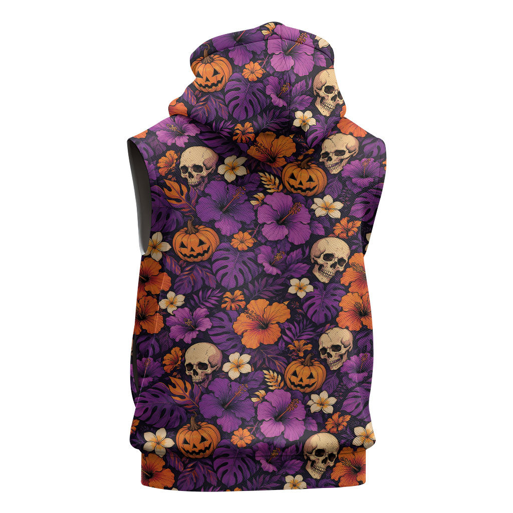 Hawaii Halloween Sleeveless Zip Hoodie Skeleton Pumpkin Hawaiian Flower Tribal DT05 - Polynesian Pride