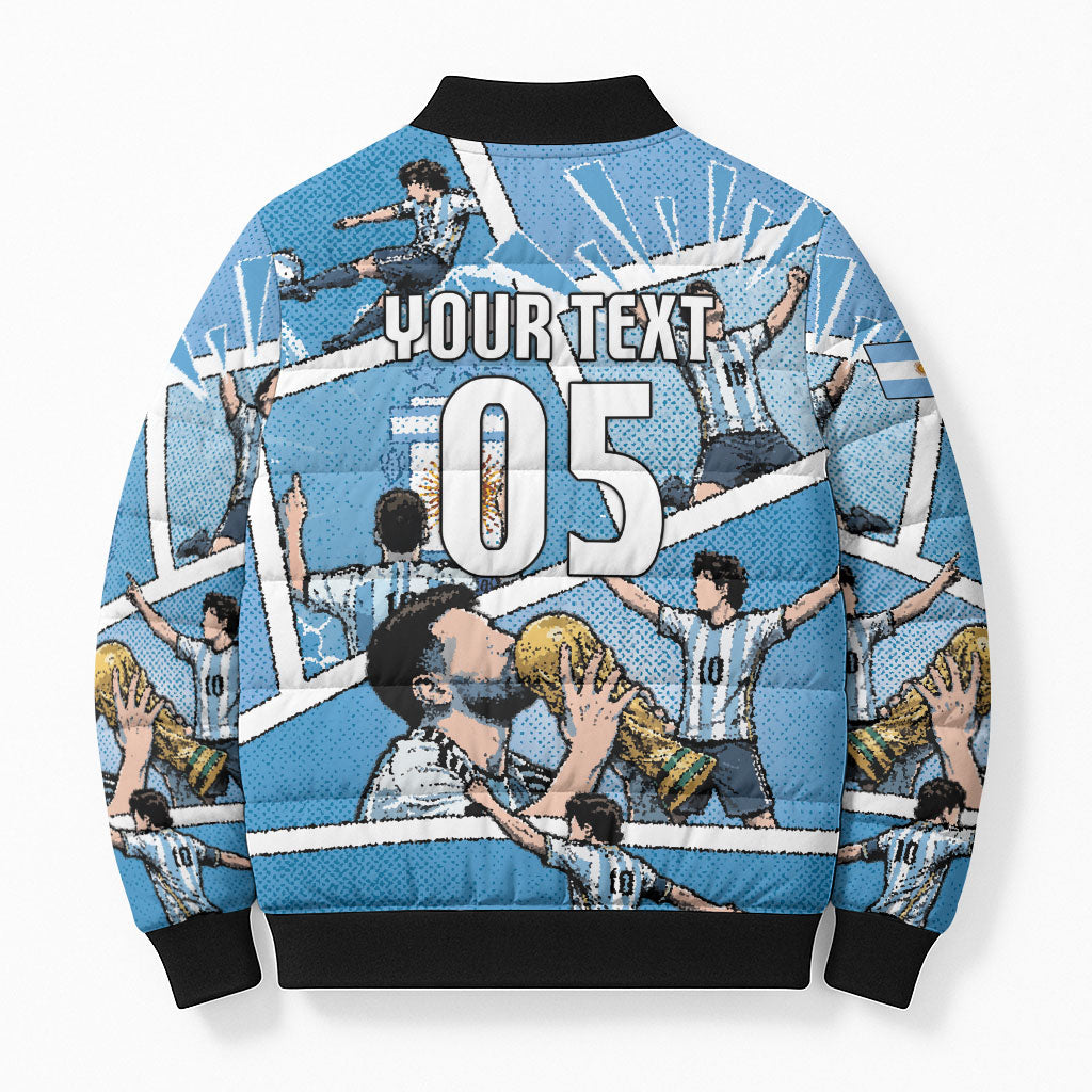 Custom Argentina Football Bomber Puffer Jacket Goat Comic Style Sun Of May