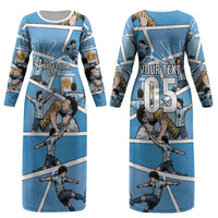 Custom Argentina Football Couples Matching Long Sleeve Bodycon Dress and Hawaiian Shirt Goat Comic Style Sun Of May