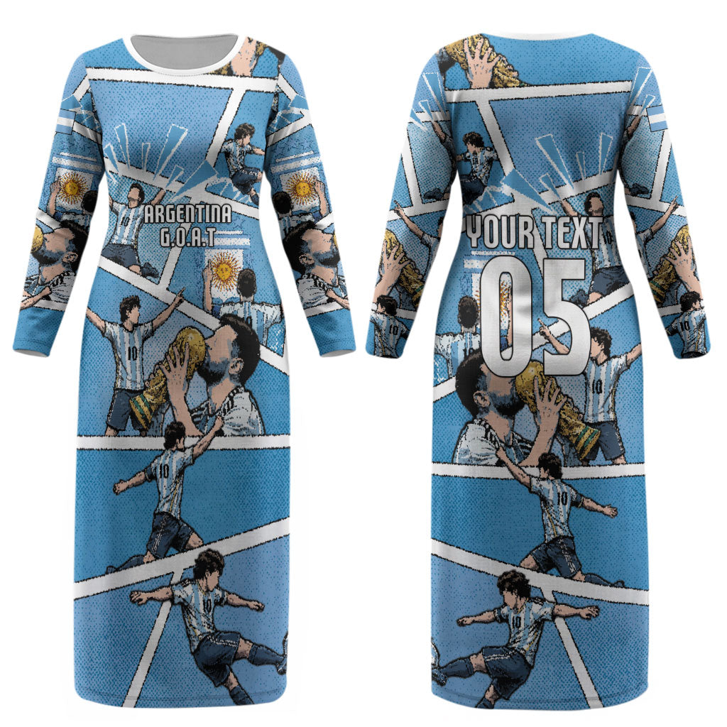 Custom Argentina Football Couples Matching Long Sleeve Bodycon Dress and Long Sleeve Button Shirt Goat Comic Style Sun Of May