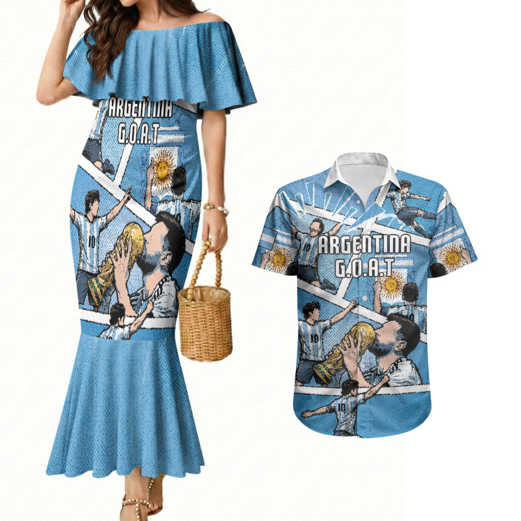 Custom Argentina Football Couples Matching Mermaid Dress and Hawaiian Shirt Goat Comic Style Sun Of May