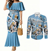 Custom Argentina Football Couples Matching Mermaid Dress and Long Sleeve Button Shirt Goat Comic Style Sun Of May
