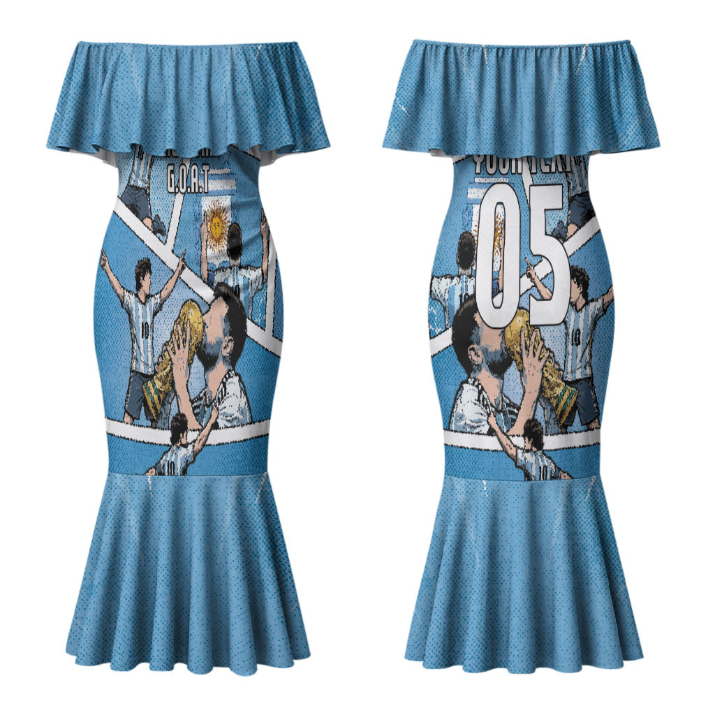 Custom Argentina Football Couples Matching Mermaid Dress and Long Sleeve Button Shirt Goat Comic Style Sun Of May