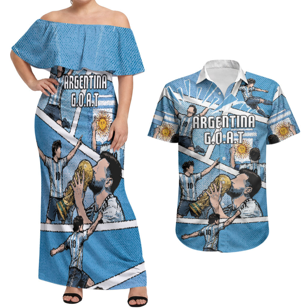 Custom Argentina Football Couples Matching Off Shoulder Maxi Dress and Hawaiian Shirt Goat Comic Style Sun Of May