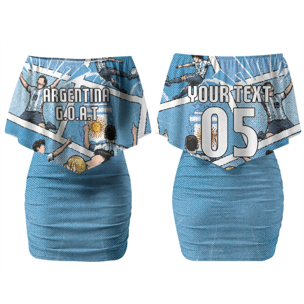 Custom Argentina Football Couples Matching Off Shoulder Short Dress and Hawaiian Shirt Goat Comic Style Sun Of May
