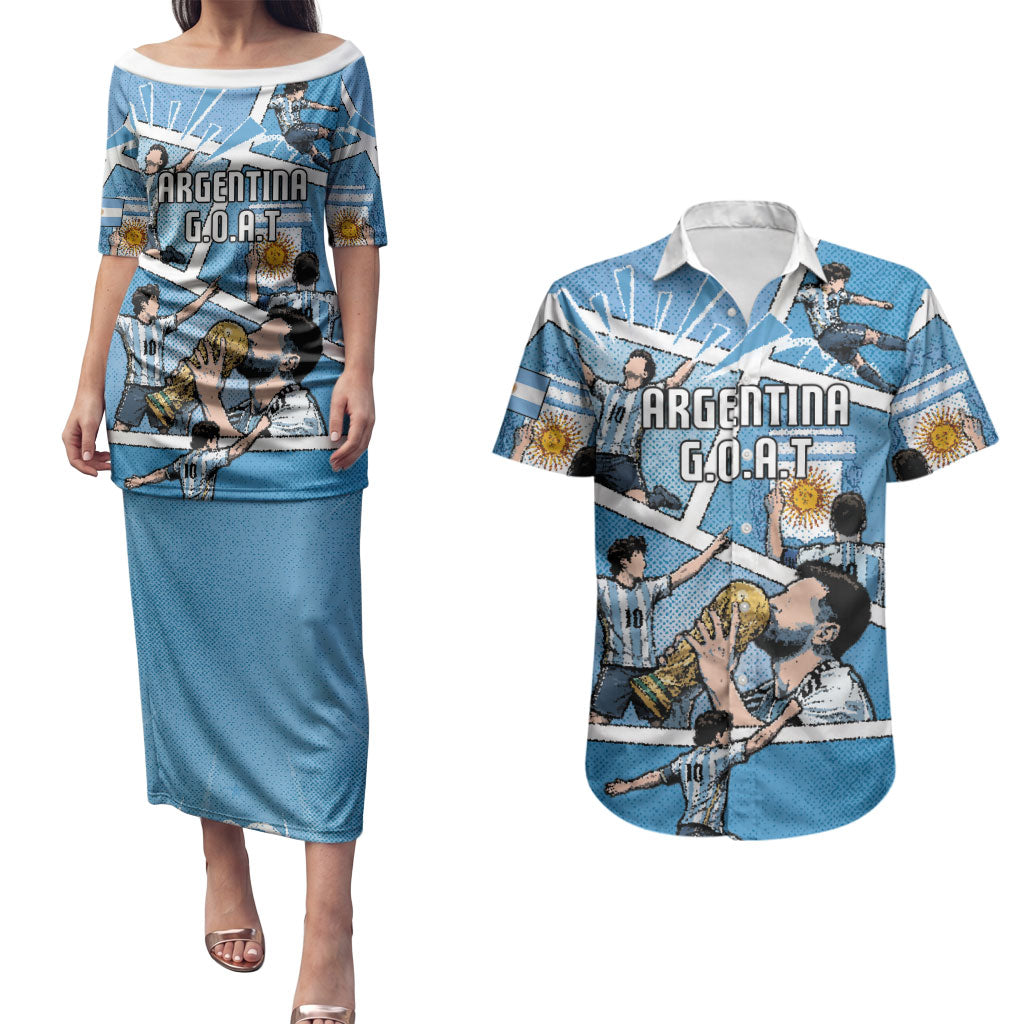Custom Argentina Football Couples Matching Puletasi and Hawaiian Shirt Goat Comic Style Sun Of May