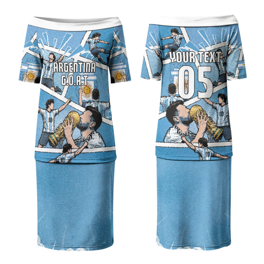 Custom Argentina Football Couples Matching Puletasi and Long Sleeve Button Shirt Goat Comic Style Sun Of May