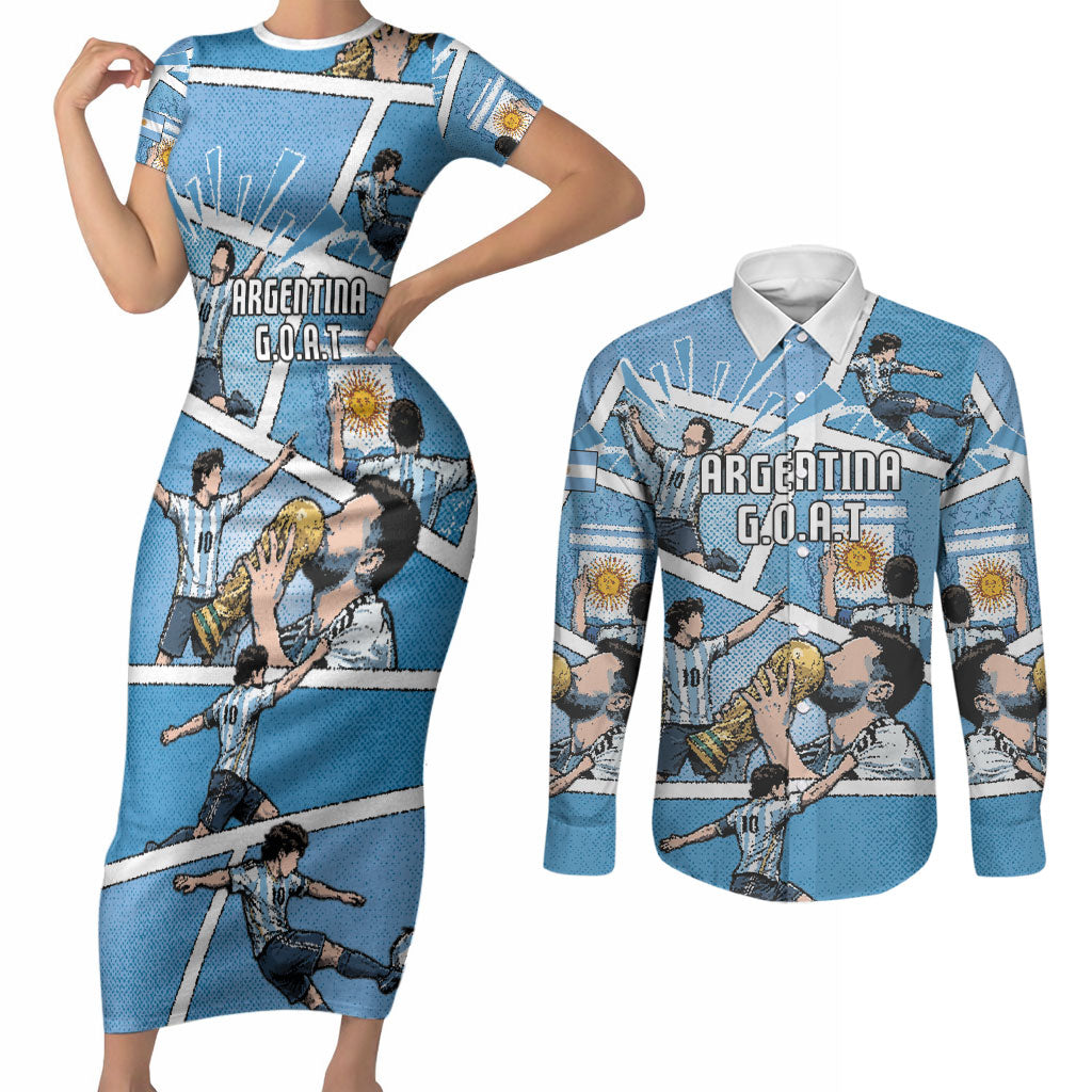 Custom Argentina Football Couples Matching Short Sleeve Bodycon Dress and Long Sleeve Button Shirt Goat Comic Style Sun Of May