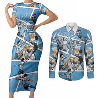 Custom Argentina Football Couples Matching Short Sleeve Bodycon Dress and Long Sleeve Button Shirt Goat Comic Style Sun Of May