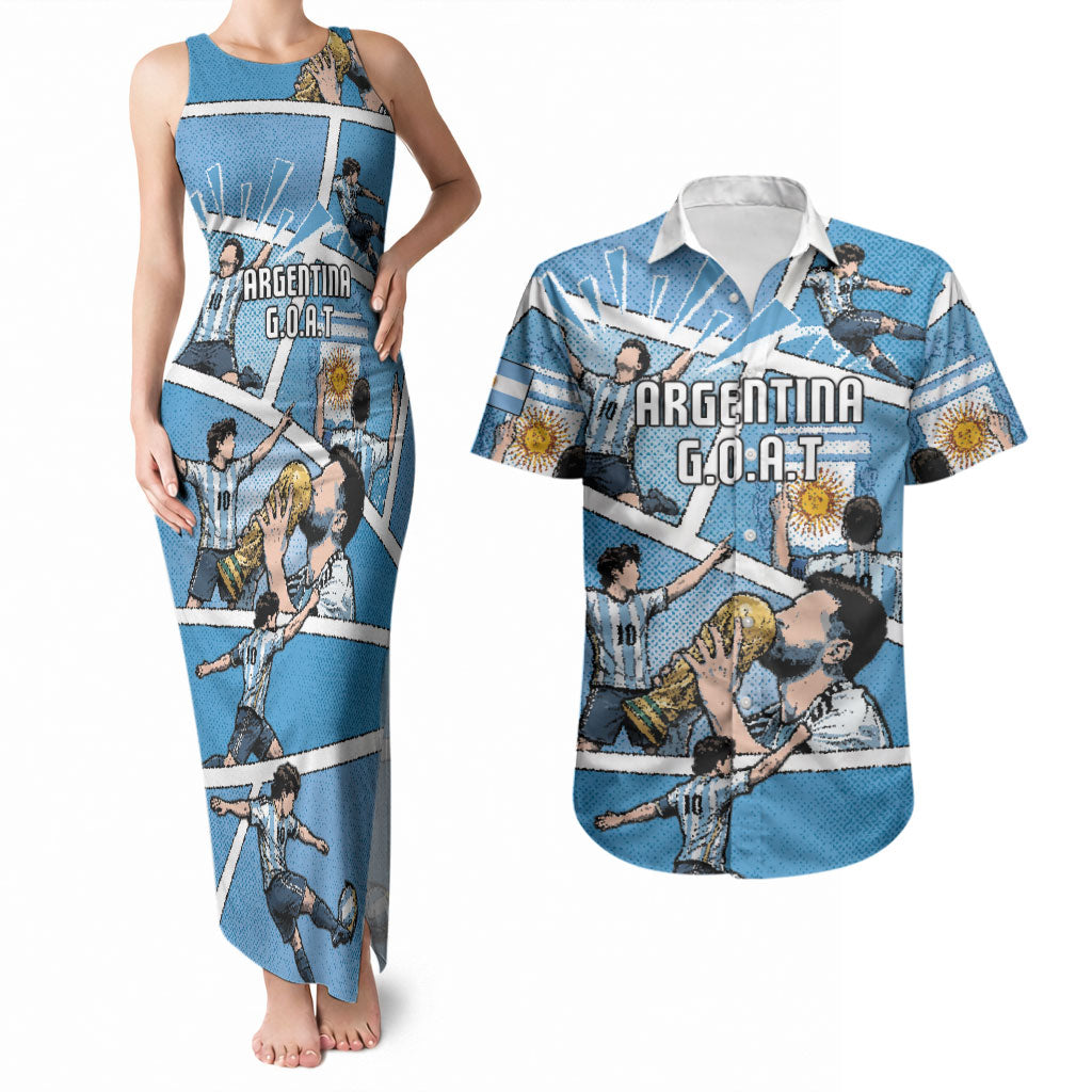 Custom Argentina Football Couples Matching Tank Maxi Dress and Hawaiian Shirt Goat Comic Style Sun Of May