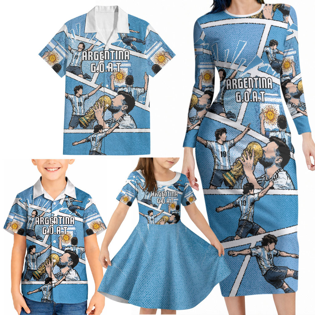 Custom Argentina Football Family Matching Long Sleeve Bodycon Dress and Hawaiian Shirt Goat Comic Style Sun Of May