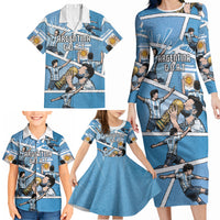 Custom Argentina Football Family Matching Long Sleeve Bodycon Dress and Hawaiian Shirt Goat Comic Style Sun Of May