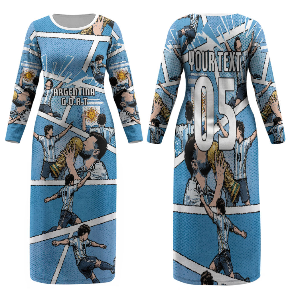 Custom Argentina Football Family Matching Long Sleeve Bodycon Dress and Hawaiian Shirt Goat Comic Style Sun Of May