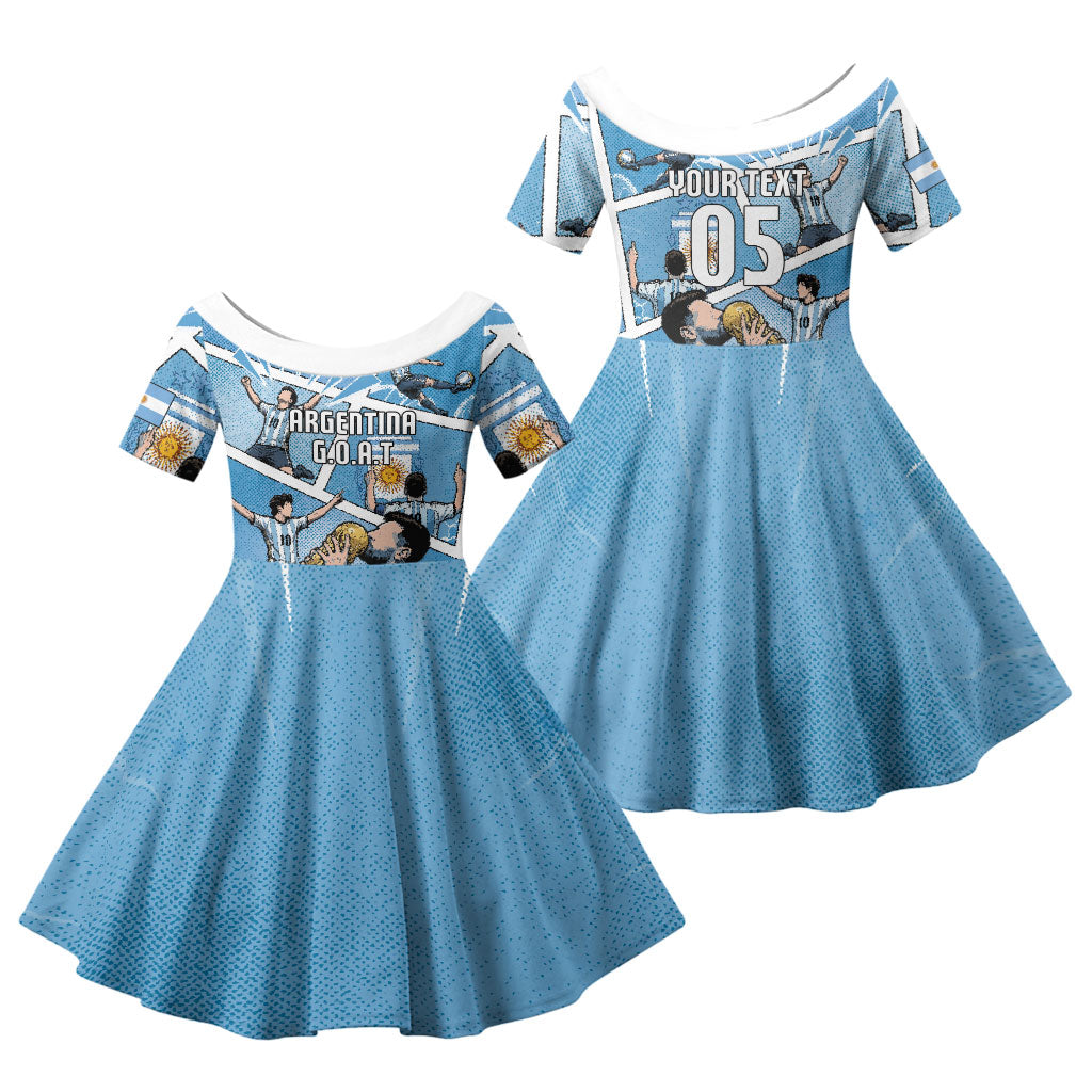 Custom Argentina Football Family Matching Long Sleeve Bodycon Dress and Hawaiian Shirt Goat Comic Style Sun Of May