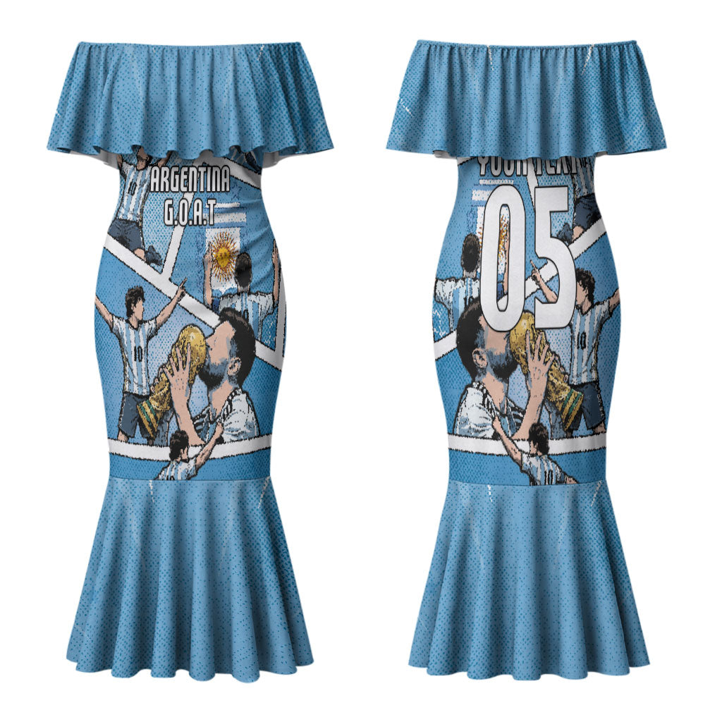 Custom Argentina Football Family Matching Mermaid Dress and Hawaiian Shirt Goat Comic Style Sun Of May