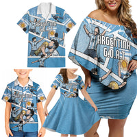 Custom Argentina Football Family Matching Off Shoulder Short Dress and Hawaiian Shirt Goat Comic Style Sun Of May