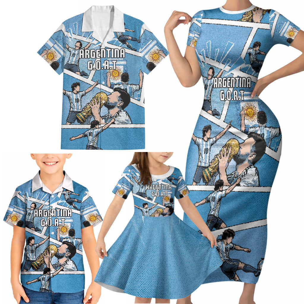 Custom Argentina Football Family Matching Short Sleeve Bodycon Dress and Hawaiian Shirt Goat Comic Style Sun Of May