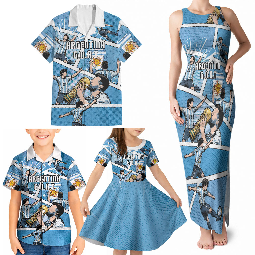 Custom Argentina Football Family Matching Tank Maxi Dress and Hawaiian Shirt Goat Comic Style Sun Of May