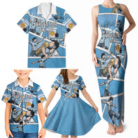 Custom Argentina Football Family Matching Tank Maxi Dress and Hawaiian Shirt Goat Comic Style Sun Of May