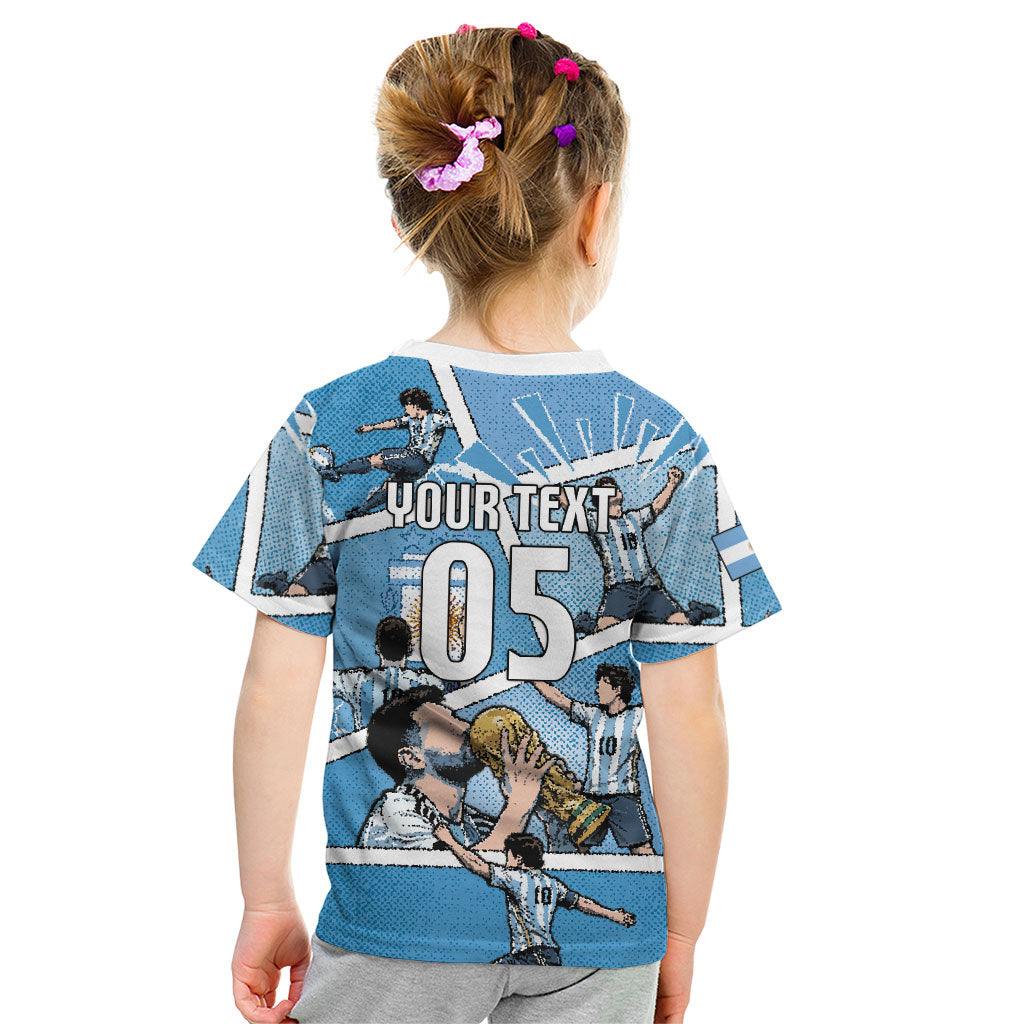 Custom Argentina Football Kid T Shirt Goat Comic Style Sun Of May