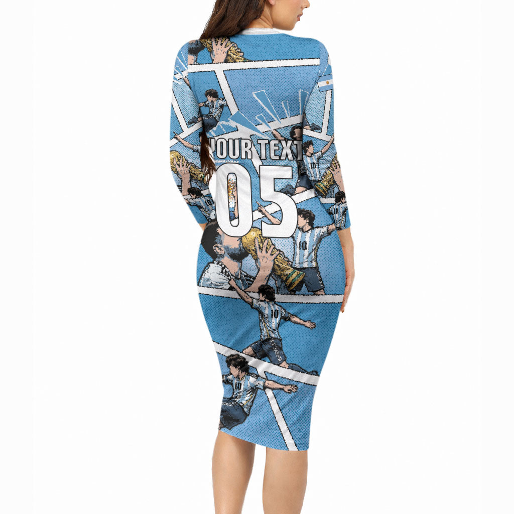Custom Argentina Football Long Sleeve Bodycon Dress Goat Comic Style Sun Of May