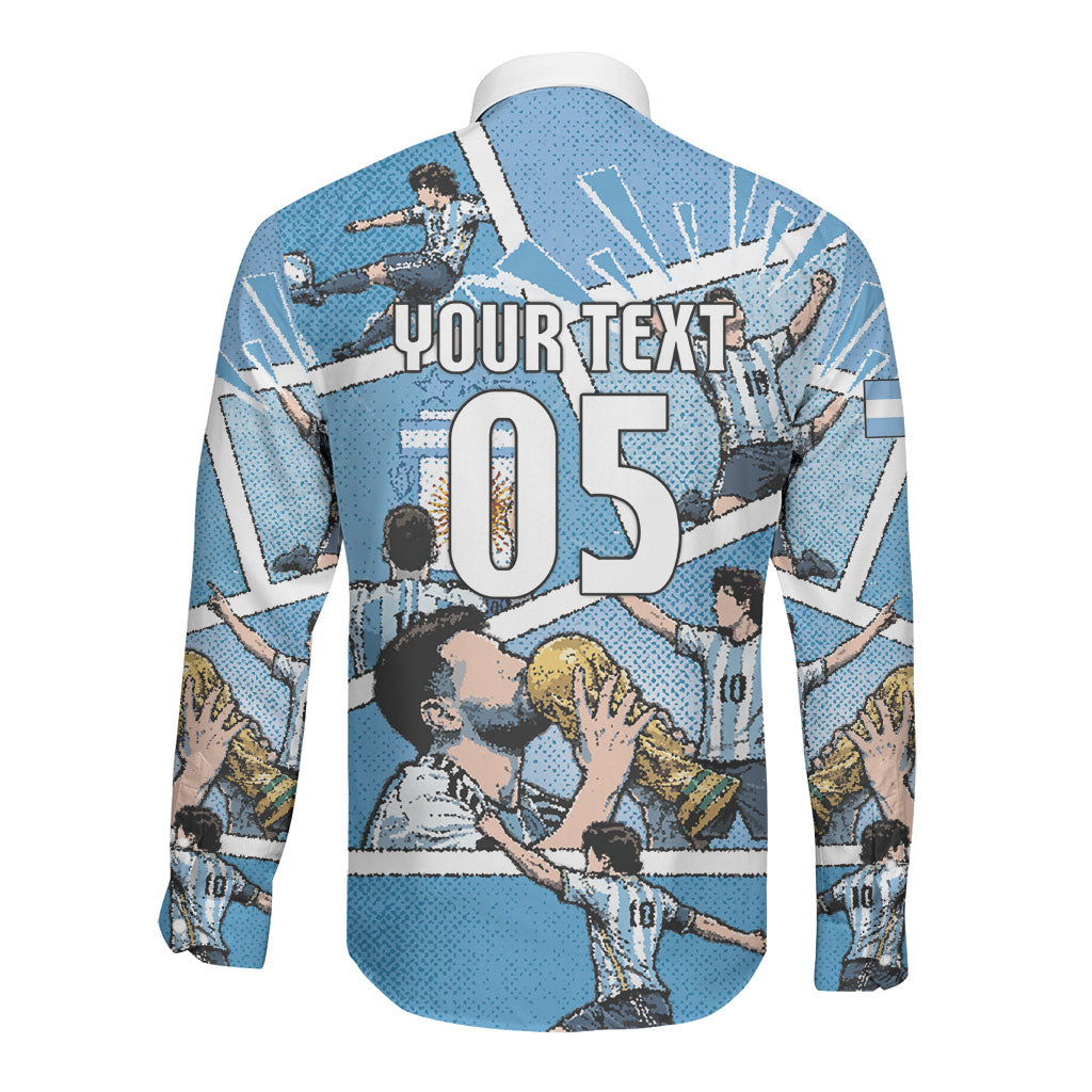 Custom Argentina Football Long Sleeve Button Shirt Goat Comic Style Sun Of May