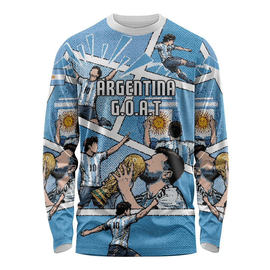 Custom Argentina Football Long Sleeve Shirt Goat Comic Style Sun Of May