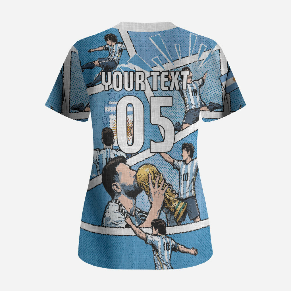 Custom Argentina Football Scrub Top Goat Comic Style Sun Of May