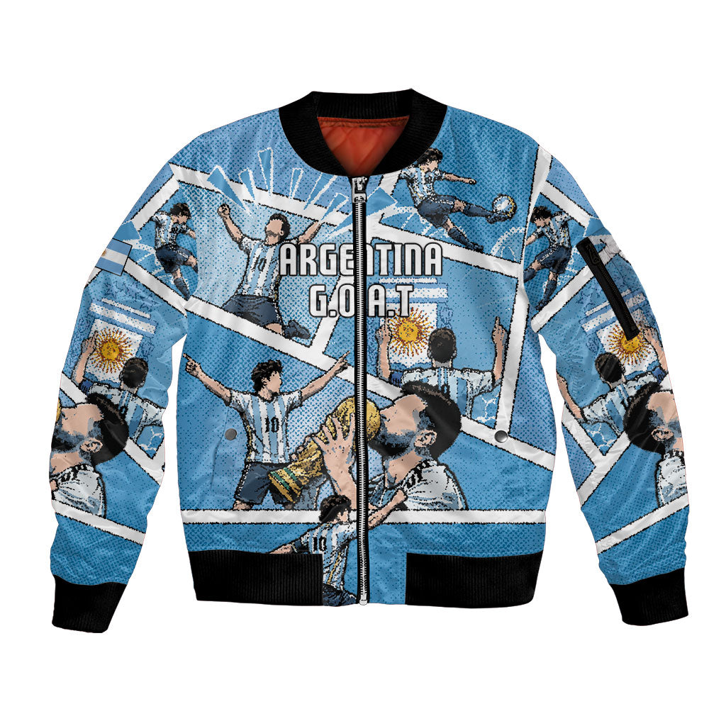 Custom Argentina Football Sleeve Zip Bomber Jacket Goat Comic Style Sun Of May