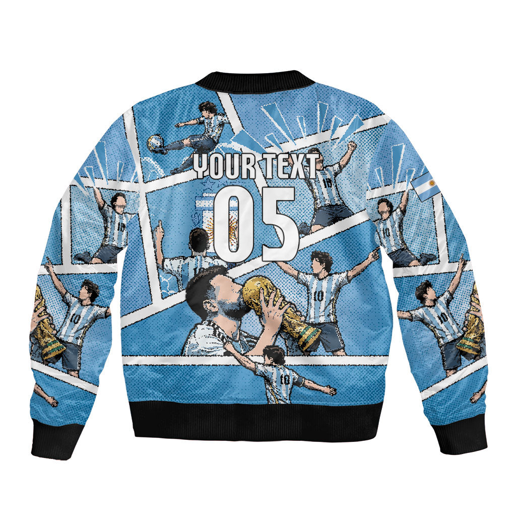 Custom Argentina Football Sleeve Zip Bomber Jacket Goat Comic Style Sun Of May