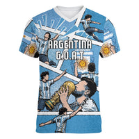 Custom Argentina Football Women V-Neck T-Shirt Goat Comic Style Sun Of May