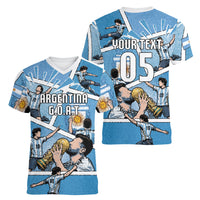 Custom Argentina Football Women V-Neck T-Shirt Goat Comic Style Sun Of May
