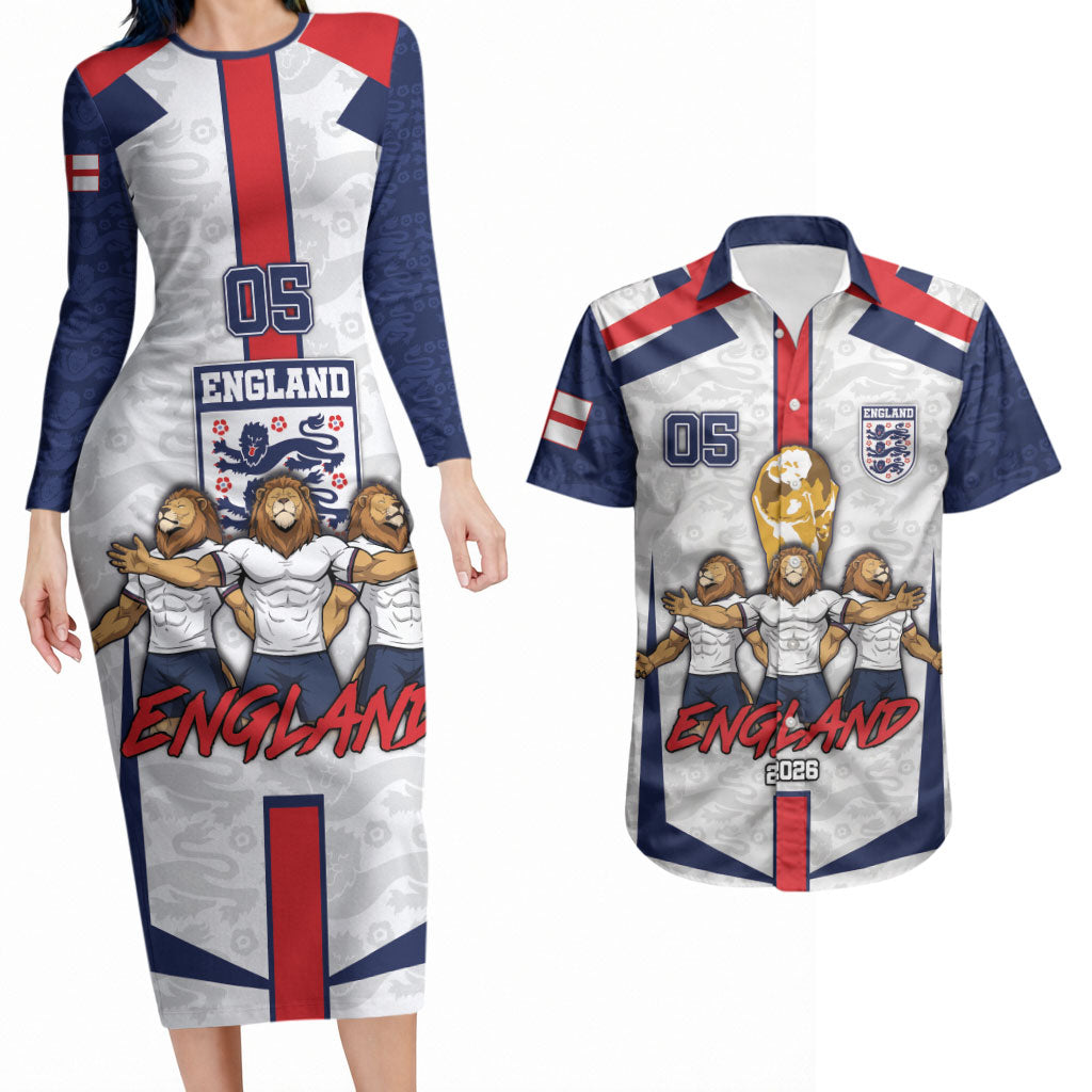 Custom England Football Couples Matching Long Sleeve Bodycon Dress and Hawaiian Shirt Three Lions Trophy St George Cross