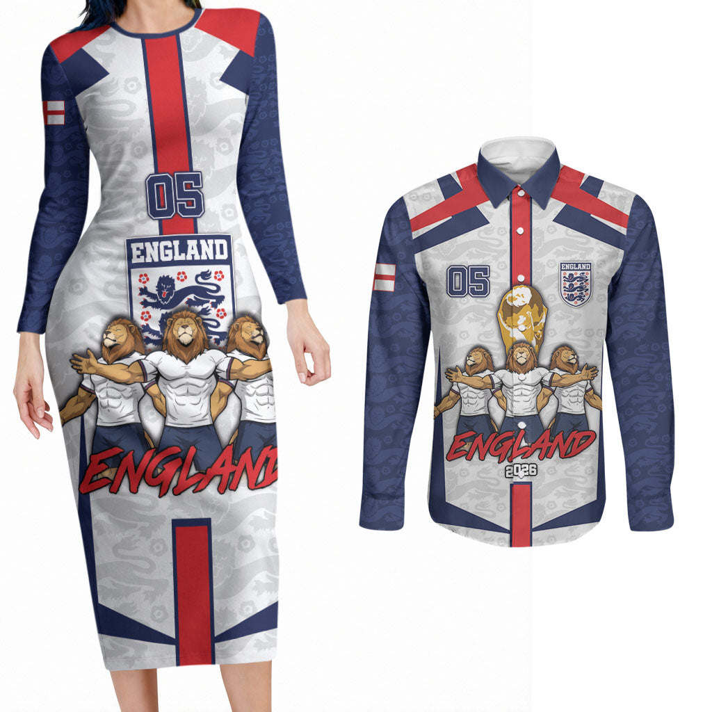 Custom England Football Couples Matching Long Sleeve Bodycon Dress and Long Sleeve Button Shirt Three Lions Trophy St George Cross