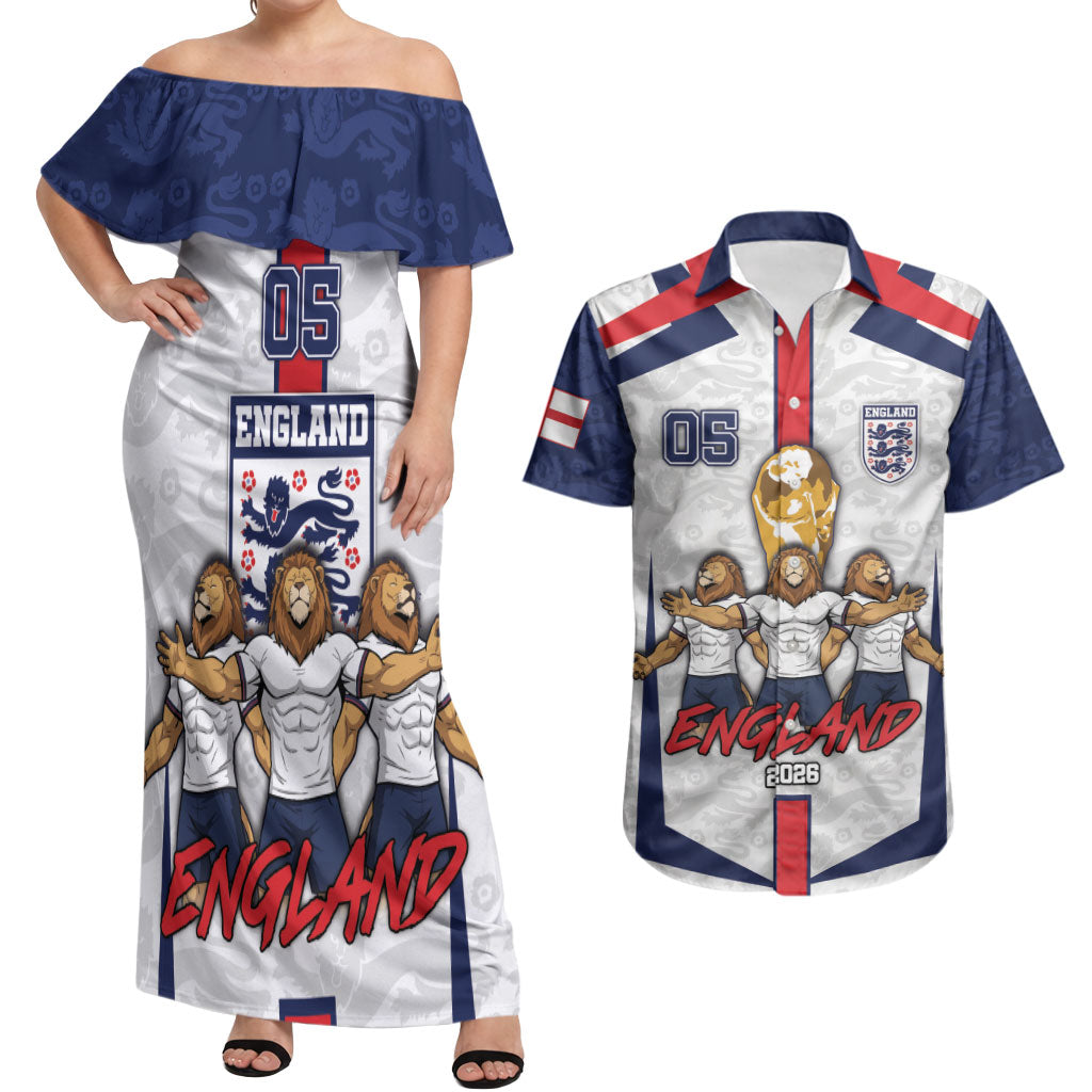 Custom England Football Couples Matching Off Shoulder Maxi Dress and Hawaiian Shirt Three Lions Trophy St George Cross