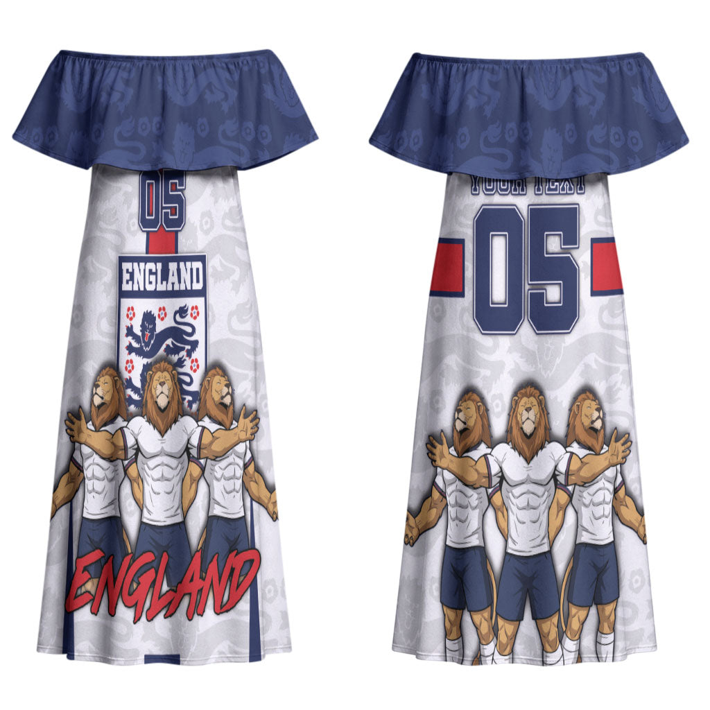 Custom England Football Couples Matching Off Shoulder Maxi Dress and Long Sleeve Button Shirt Three Lions Trophy St George Cross