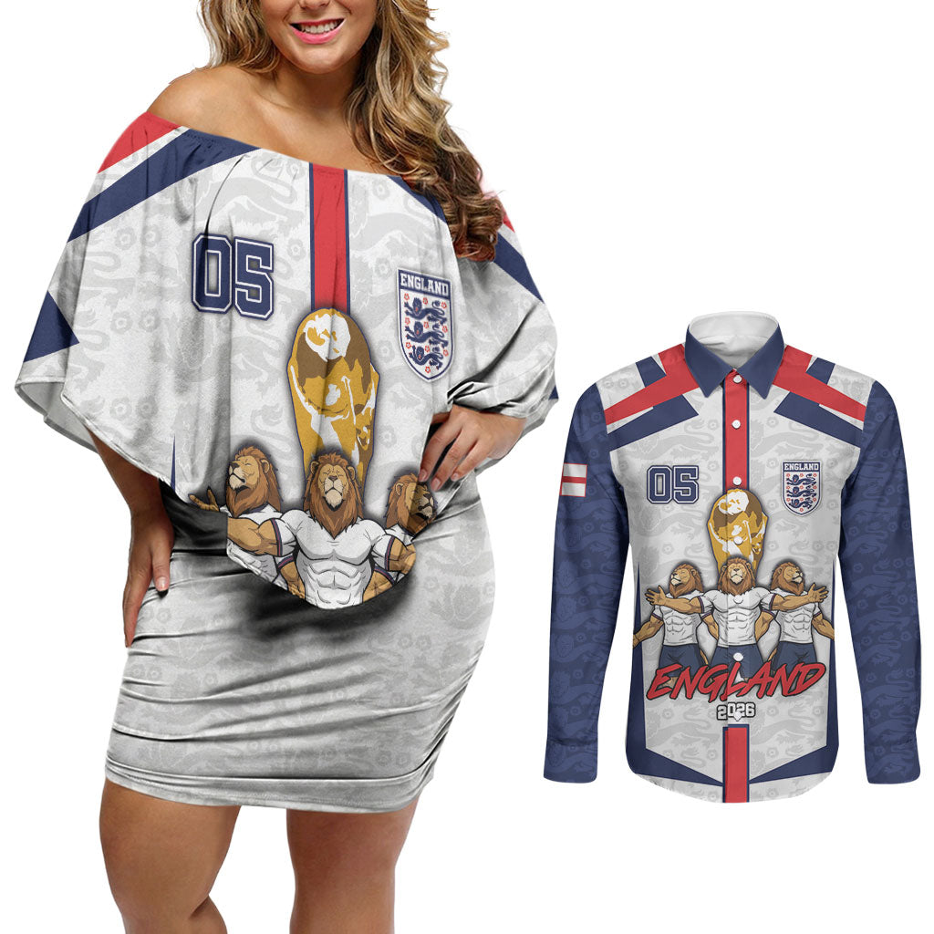 Custom England Football Couples Matching Off Shoulder Short Dress and Long Sleeve Button Shirt Three Lions Trophy St George Cross